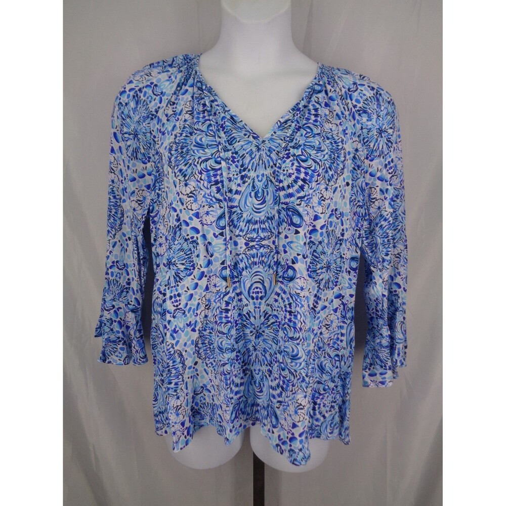 Lilly Pulitzer Willa Flounce Sleeve Top Size XL Blue White Beach Resort
